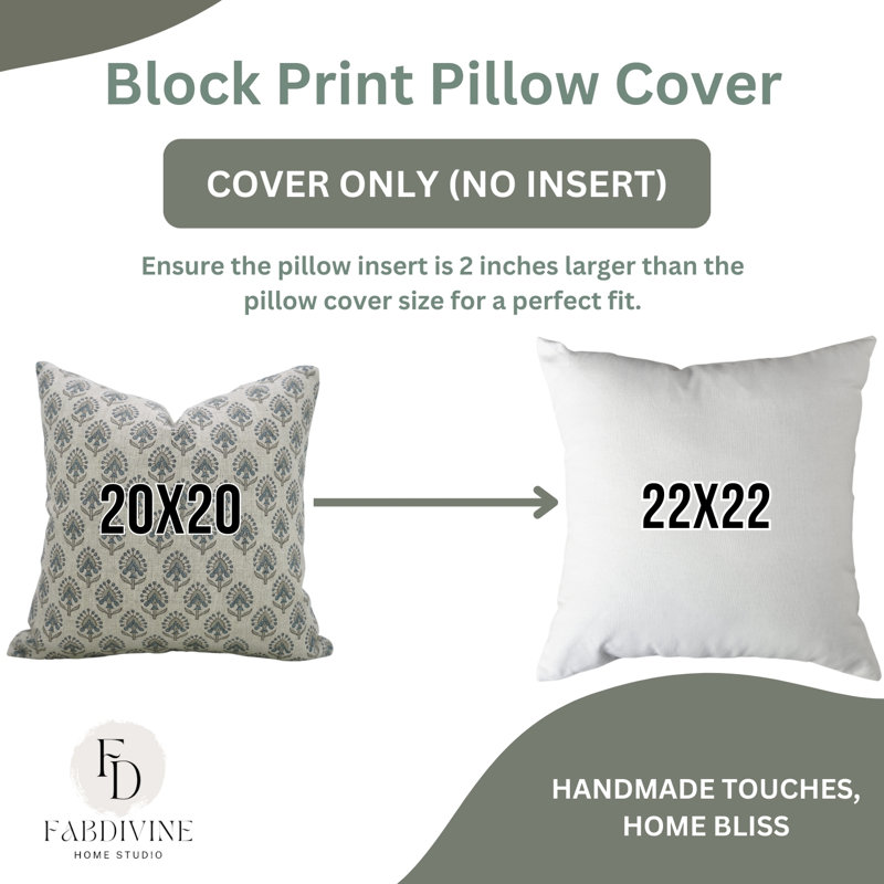Fabdivine Pillow Cover Handmade Block Print Cushion- Gurukul, Blue Block Print/Floral 1, Square 14"