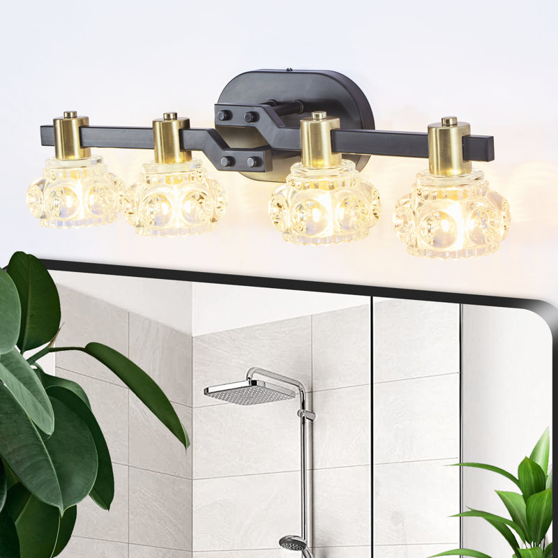 4- Applique murale, cristal transparent, noir mat + doré, salle de bain et vestiaire, design rétro, applique de style rétro écoénergétique avec 4 lumières, abat-jour, comptoir de meuble-lavabo, installation facile