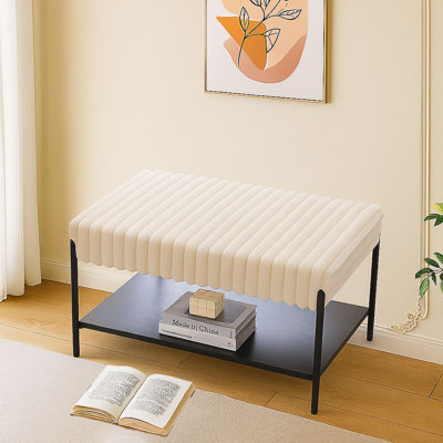 Modern Upholstered Storage Ottoman storage bench upholstered bench with Soft Ribbed Top and Metal Frame, Lower Shelf by Ebern Designs