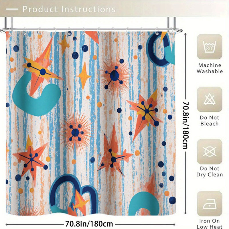 Rideaux de douche Retro Starburst, 71 po x 71 po, Bleu / orange rétro Starburst