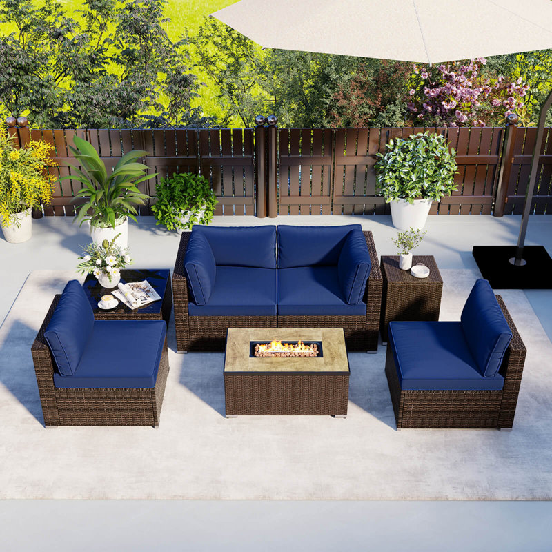 Ensemble de mobilier d'extérieur 7 pièces avec table de foyer et couvercle de réservoir de propane, Marine