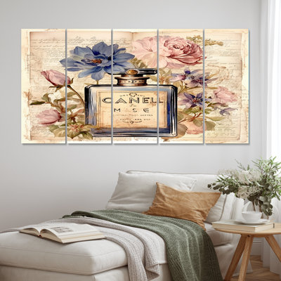 Bouteille de parfum rétro avec fleurs en fleurs - impression sur toile de parfums - 5 panneaux égaux