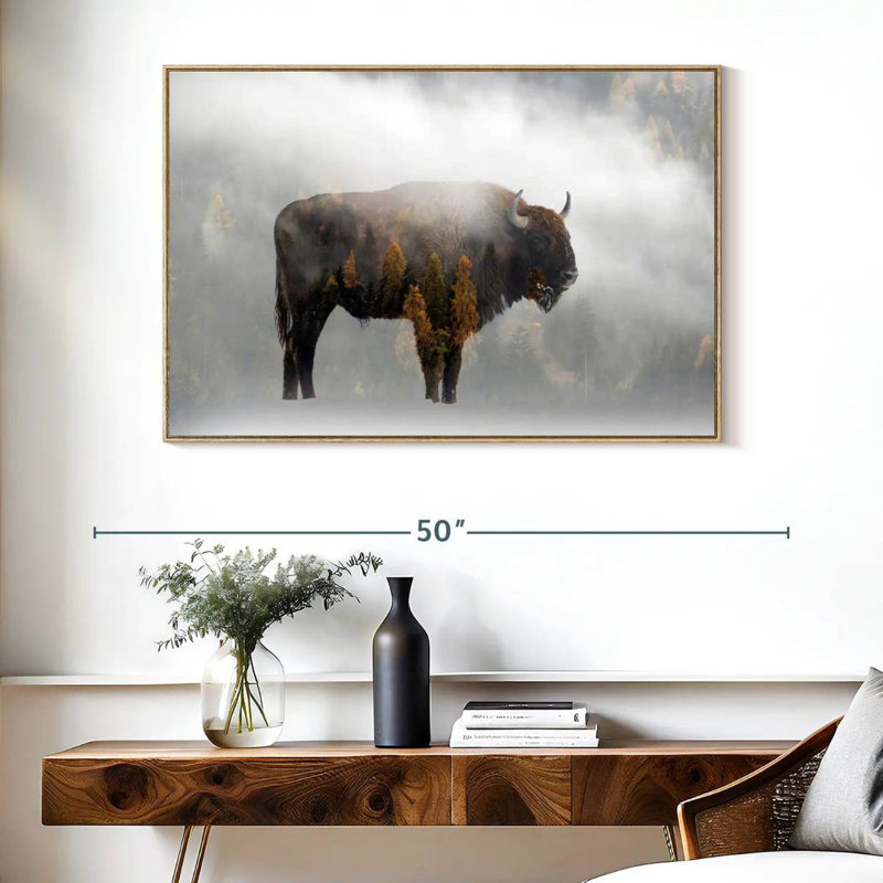 Bison de la forêt de pins, Cadre flottant en bois naturel, 40 po x 27 po