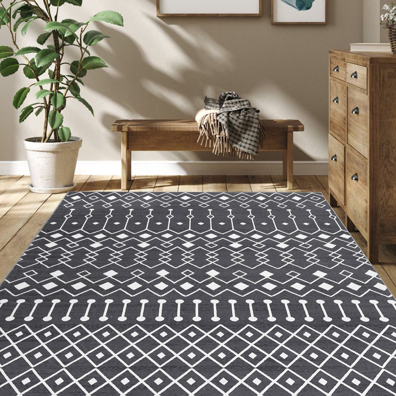 Washable Boho Farmhouse Area Rug Soft Non Slip Throw Carpet Mat, Grey, Rectangle 4 pi x 6 pi