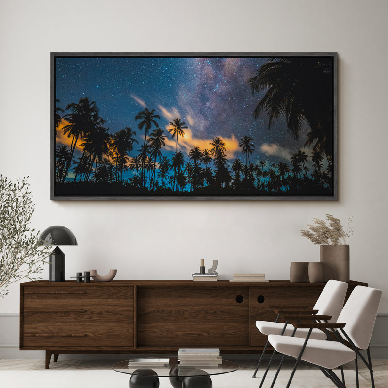 «Tropical Palm Tropical Night Sky Vibrant», reproduction d'art sur toile, H 30 po x l 60 po, Noir, noir, noir, noir