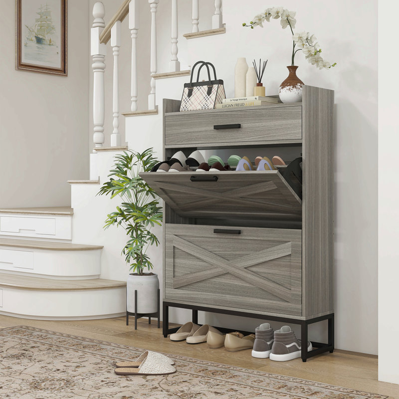 Narrow Shoe Cabinet, Industrial Shoe Storage Cabinet With 2 Flip Drawers, Adjustable Shelves, And Top Drawer, Entryway Hidden Shoe Storage For 12 Pairs Of Shoes
