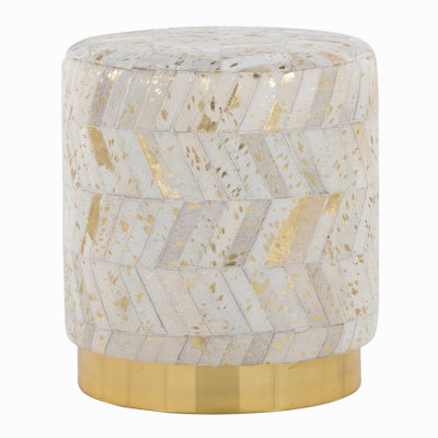 Leather Ottoman In Gold Metal And Ivory Leather With Gold Splatter