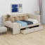 Lit de jour rembourré avec tiroirs, tablettes, armoires rabattables et table d'appoint-776264296