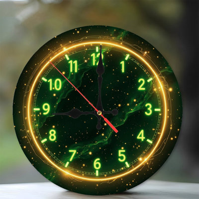 Neon Style Clock Face Green Nebula Stars