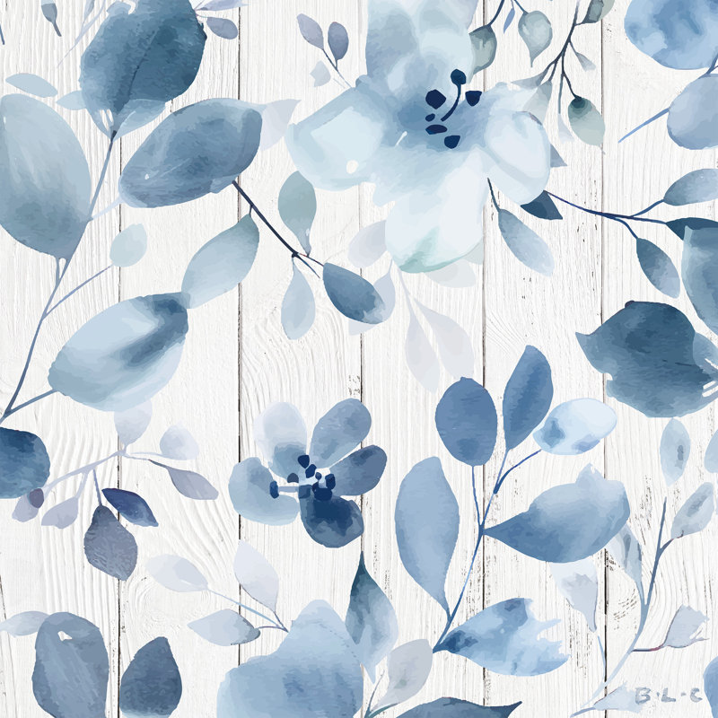 Douces fleurs bleues et feuilles sur bois, art sur toile tendue, H 12 po x l 12 po