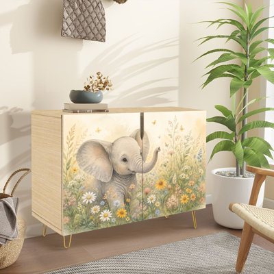 Buffet étroit de 35,4 po de largeur - armoire de rangement décorative 2 portes avec imprimé éléphanteau et pieds en métal
