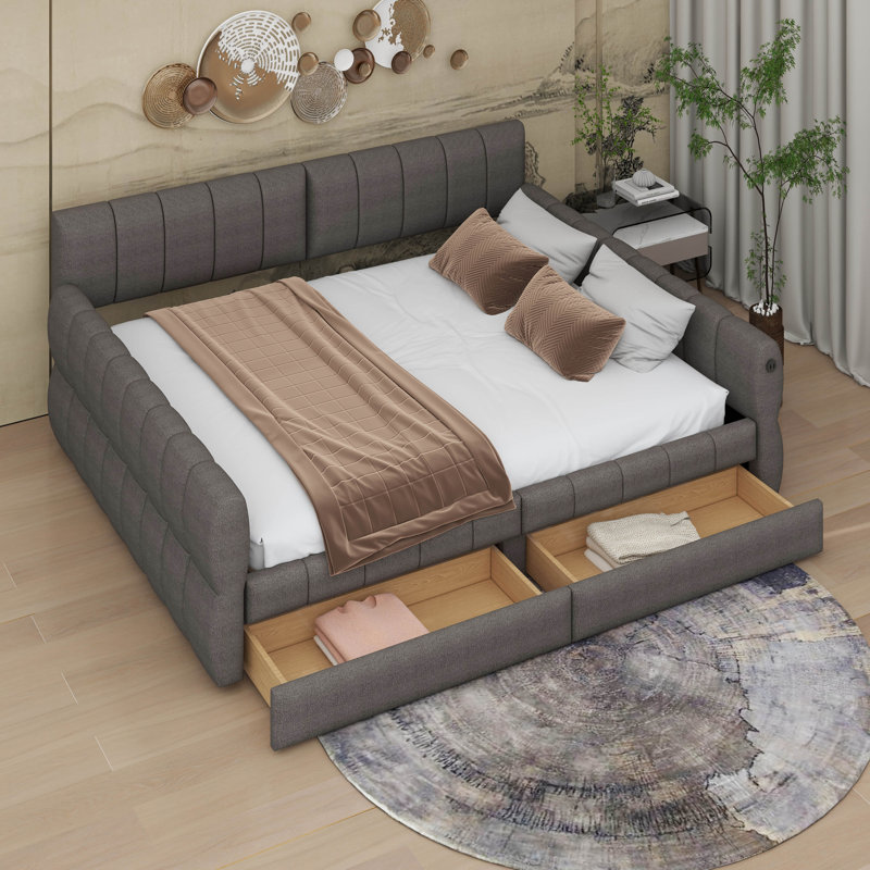 Grand lit de jour avec port USB et 2 tiroirs, Gris