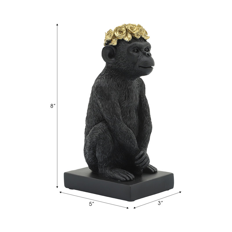 Figurine de singe en résine de polyrésine avec couronne florale., H 8 po x l 5 po x P 3 po, Noir