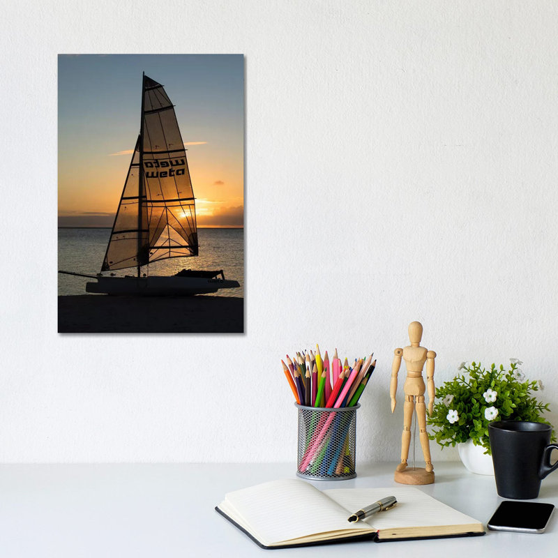 Boat On The Beach At Sunset, Bora Bora, Society Islands, French Polynesia - Wrapped Canvas Print, 20.32 cm H x 30.48 cm W