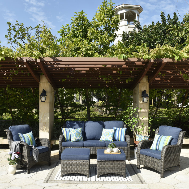 Tommy 5 - Person Patio Conversation Set with Cushions, Denim Blue Cushion/Gray Frame/, No