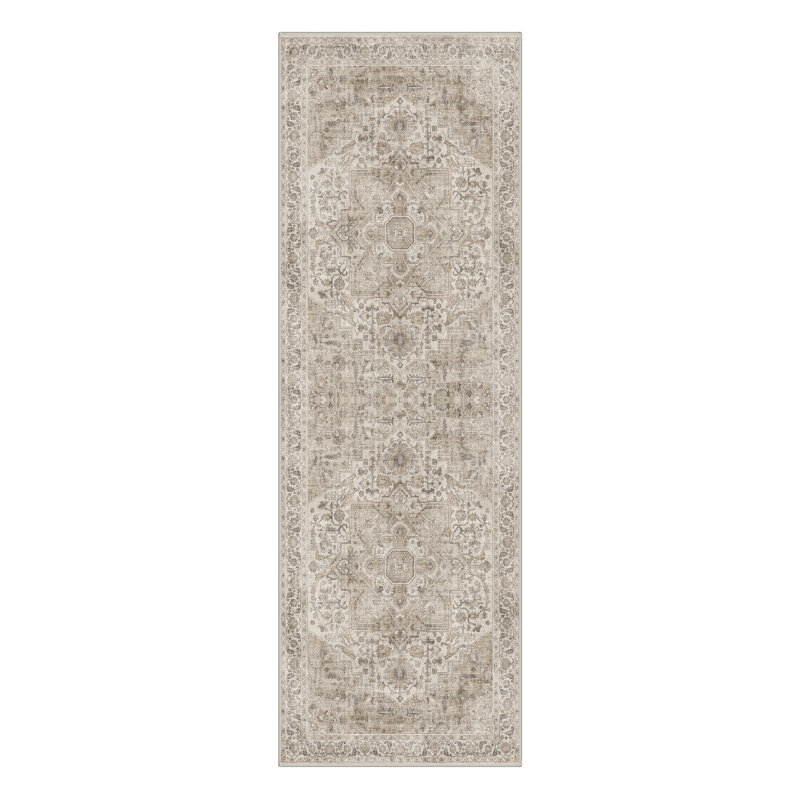 Mosaic Modern Machine Washable Brown / Beige Indoor Area Rug with Non-Slip Backing, Runner 2' x 6'