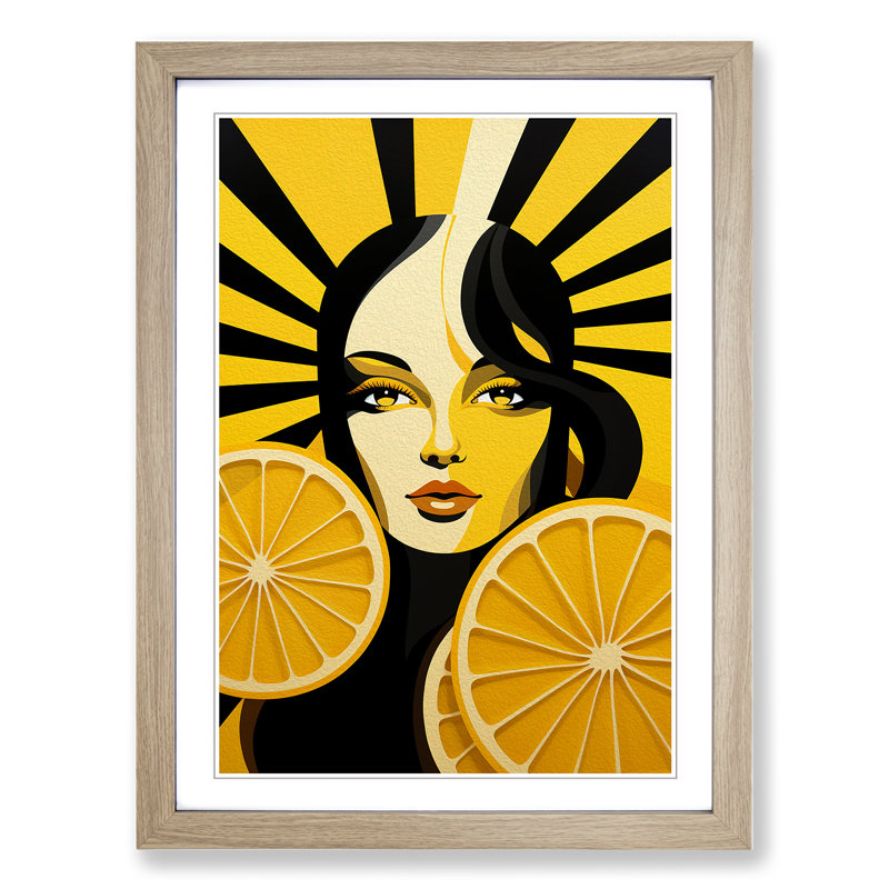 Sliced Lemon Art Deco - Single Picture Frame Print on Wood, Oak, 46cm H x 34cm W x 2cm D