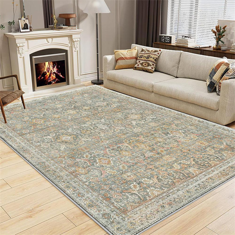 Area Rugs For Living Room, Washable Neutral Hand-Painted Floral Bedroom Rug, Vintage Distressed Non Slip Low Pile Large Carpet, Soft Retro Dining Room Office Rug