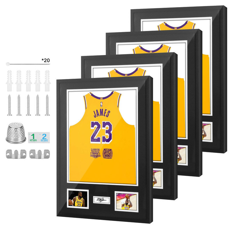 Jersey Display Case with UV Protection, Wood Frame, Mat & Pinboard for Sports Shirts & Photos (4 Pack)