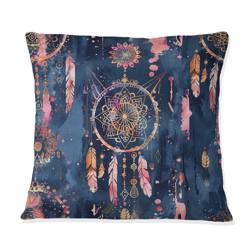 Coussin bohème rose, rose et bleu, H 16 po x l 16 po, Carrée