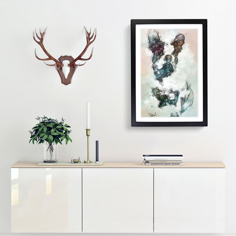 French Bulldog Dog Stencil in Abstract - Picture Frame Painting Print, Black Framed, 87cm H x 62cm W x 2cm D