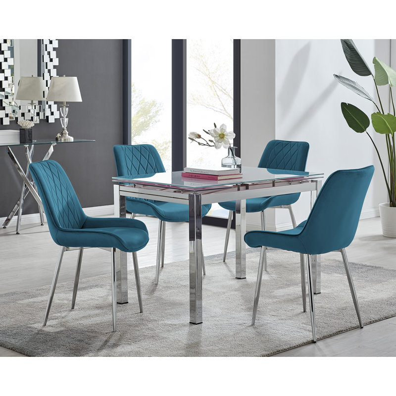 Tierra Modern Glass & Metal Extendable Dining Table Set & 4 Luxury Upholstered Velvet Dining Chairs, Blue/Silver