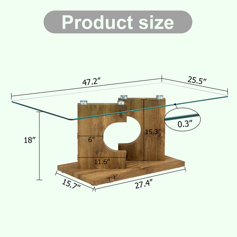 Rectangular tempered glass tabletop dining table, Natural Wood