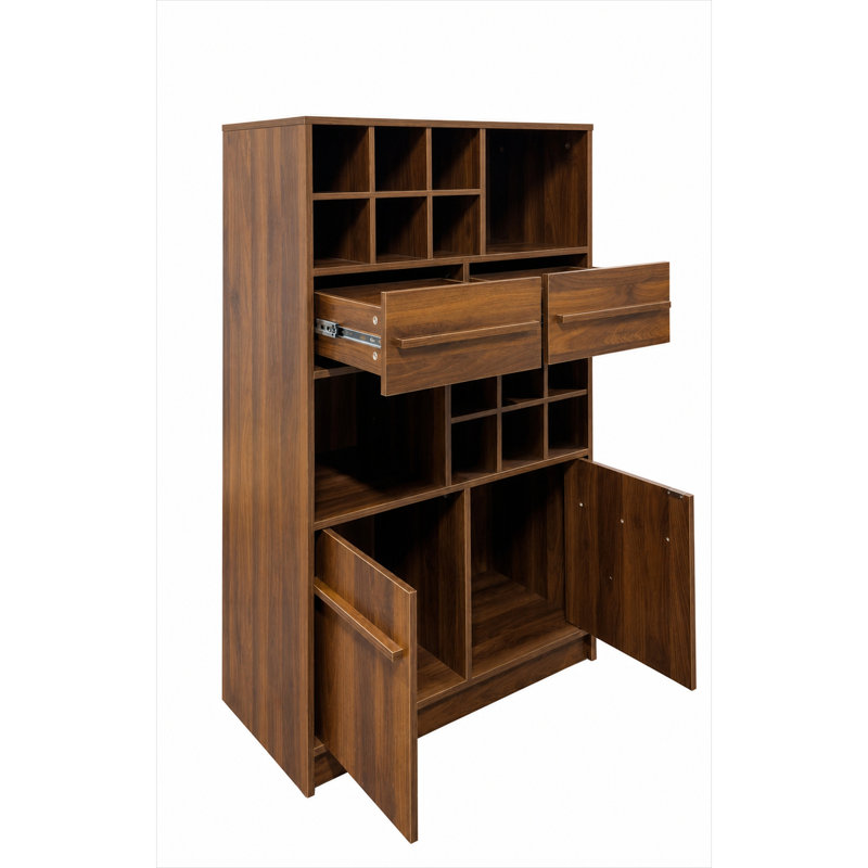 Armoire à vin moderne en noyer, buffet avec support à vin pour 12 bouteilles et 2 tiroirs, grande armoire à boissons avec rangement pour la salle à manger, la cuisine et le salon