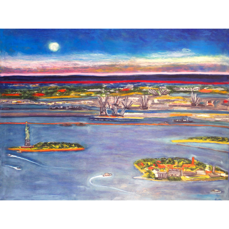 Ellis Island par Karin Batten - Peinture, H 25 po x l 33 po, Toile avec cadre noir
