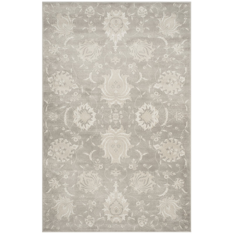 Elegant Grey Ivory 5' x 7' Viscose Synthetic Floral Area Rug