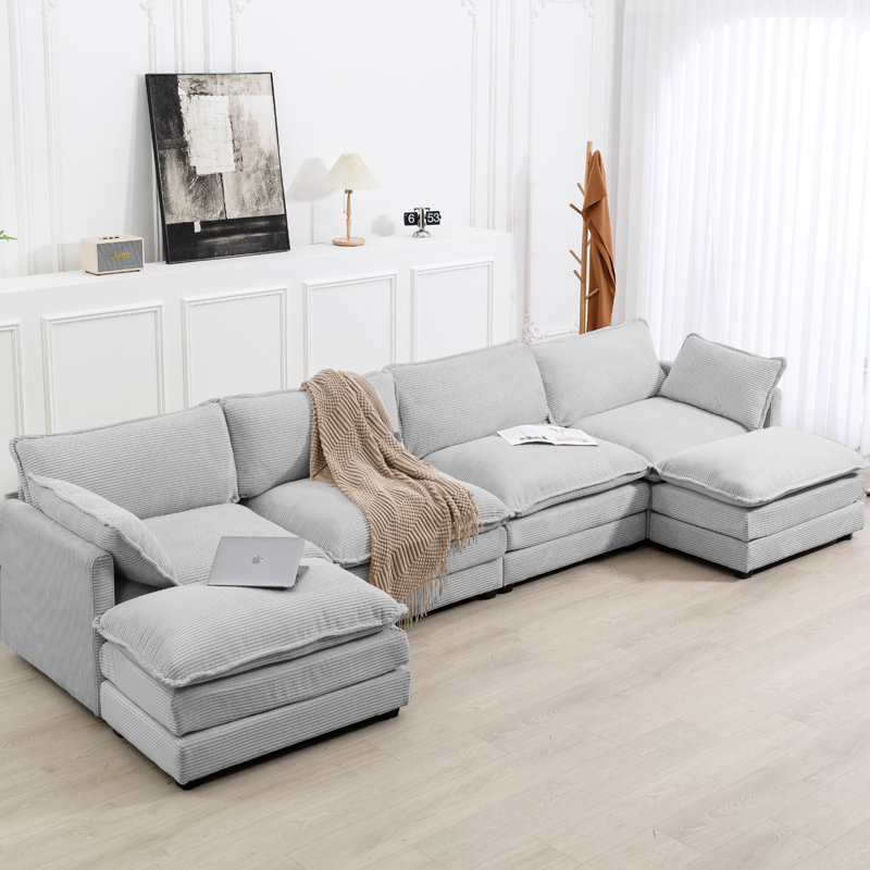 Redenius 6-Piece 148'' Upholstered U-Shape Sectional, Gray Corduroy