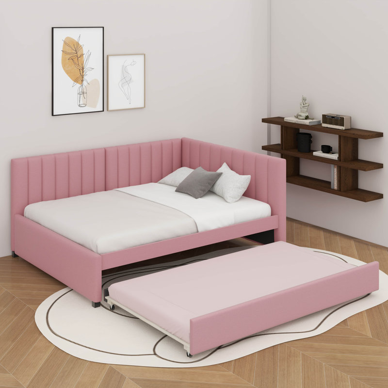 Full Size Upholstered Daybed With Trundle, Pink