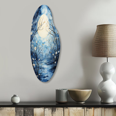 Gwennyth Blue White Tree Moonlit Silhouette I - Trees Curved Shape Assymterical Metal Wall Art