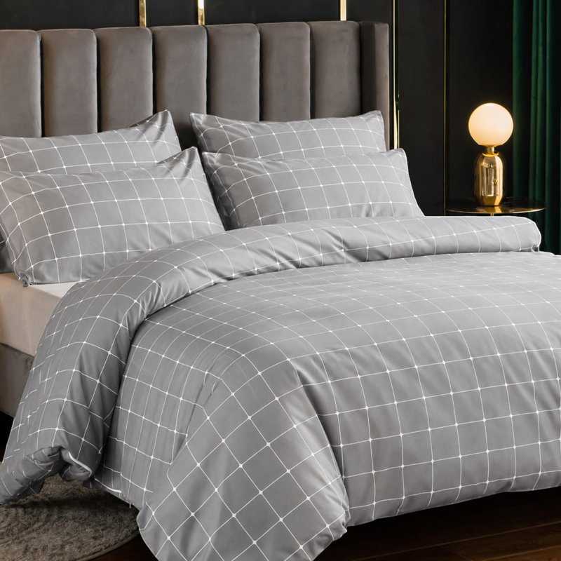 Luxury Double Brushed Microfiber Reversible Duvet Cover Set with Zipper Closure and Corner Ties, Grey