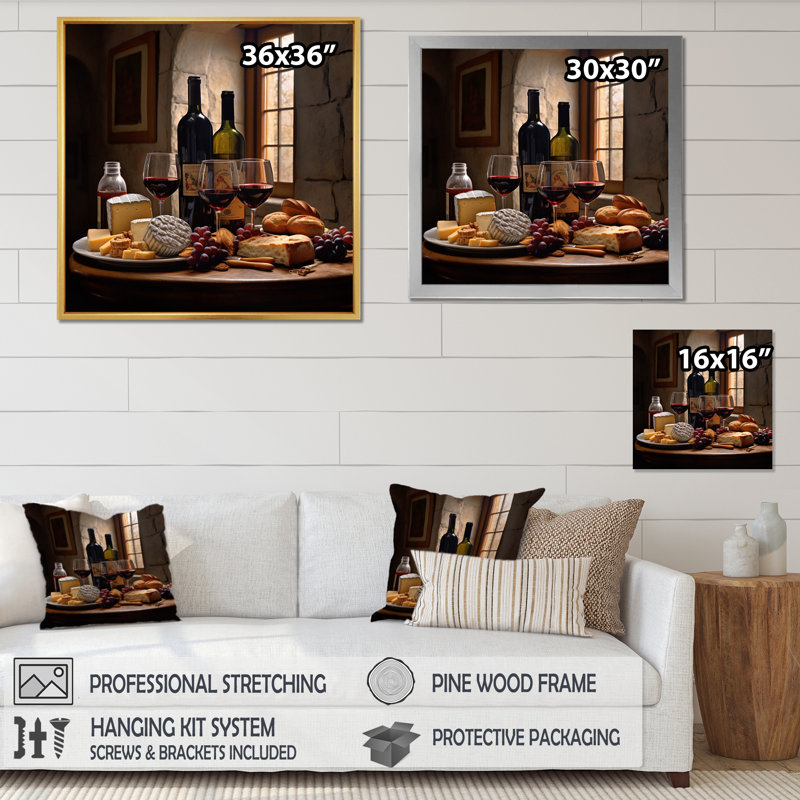 «Cheese and Wine I - Wine», art mural champagne, H 30 po x l 30 po x P 1 po, Toile tendue