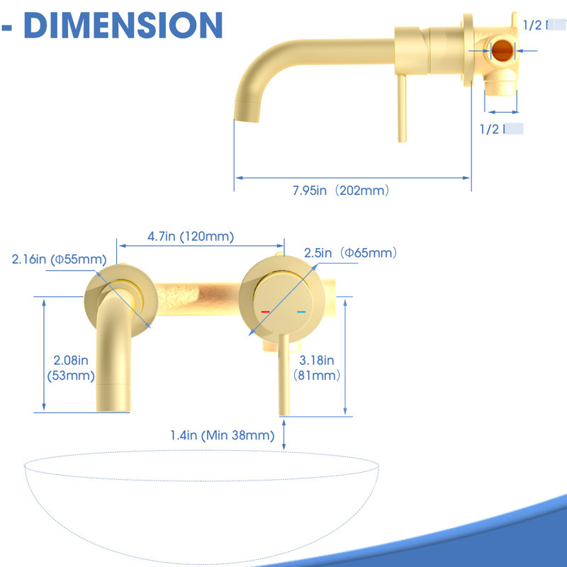 Bathroom Sink Wall Mount Faucet, Brushed Gold, Right Handle Location, Rust- Coating Gold Tap, Single 2 Holes, 8.54 In. Width, Structure