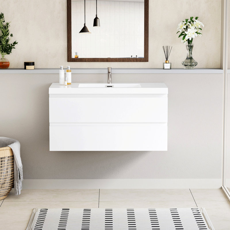 Meuble-lavabo mural contemporain avec lavabo, meuble-lavabo mural avec plateau en résine