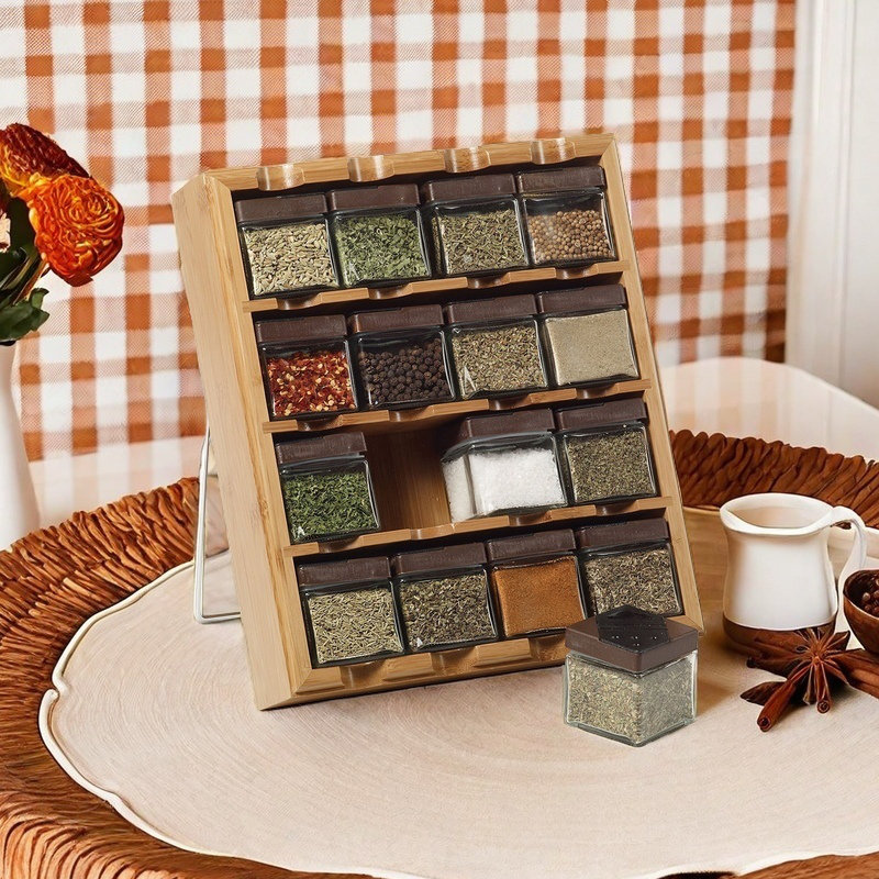 Bamboo 3-in-1 Spice Organizer for Countertop, Wall, and Drawer with 16 Spices Included
