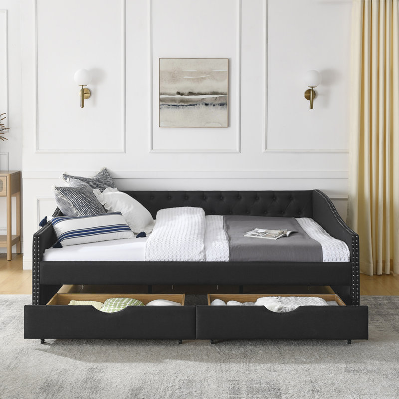  Daybed With Drawers Upholstered Tufted Sofa Bed, With Button On Back And Copper Nail On Waved Shape Arms, Queen, Black