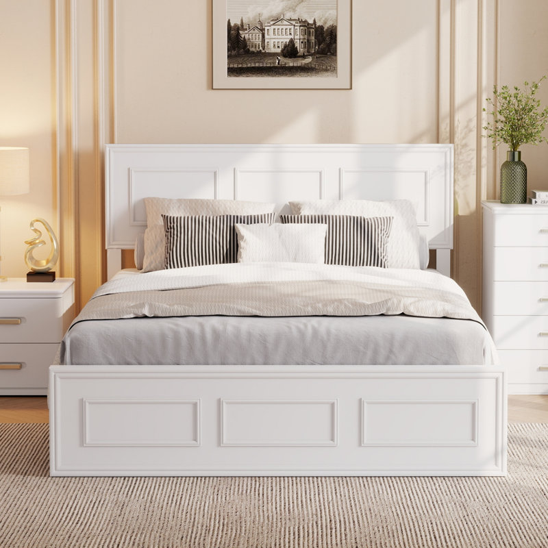 Lit double avec tête de lit à hauteur réglable, lit en bois de pin avec cadre de lit renforcé, blanc, White