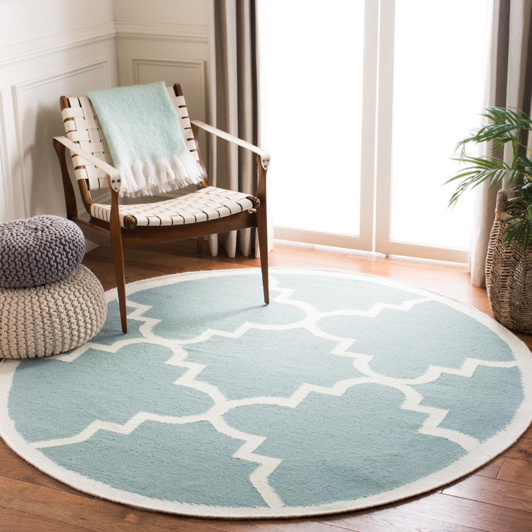Rodgers Hand Woven Flat Weave Wool/Cotton Geometric Rug in Blue/Ivory