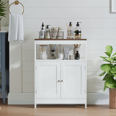 Armoire de rangement moderne avec portes doubles, armoire de salle de bain autoportante avec tablette réglable et plateau en bois naturel, organisateur polyvalent pour la cuisine, le salon, la salle de bain ou le vestibule