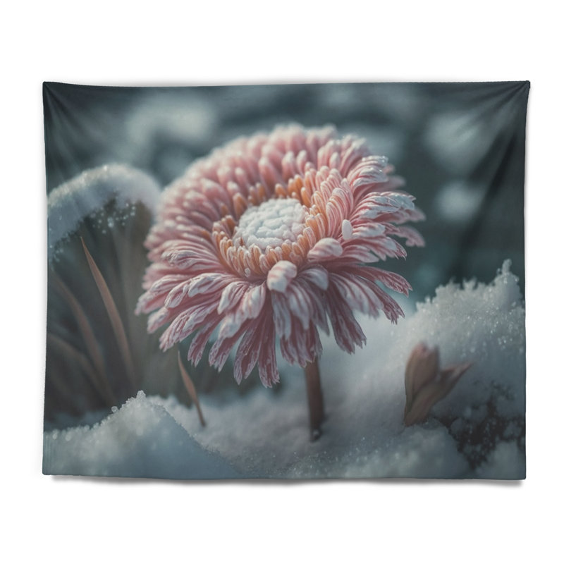 Polyester - Fleur de gerbera rose en hiver I tapisserie, H 50 po x l 60 po