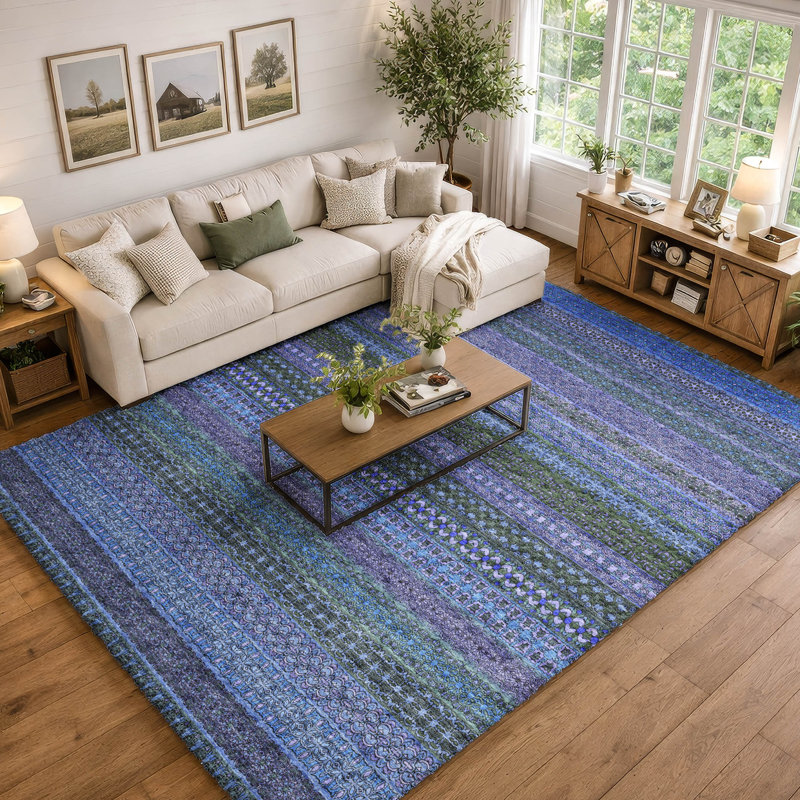 Premium Machine Washable Dream Shag ADS527 Striped Rug, Blue, 9' x 12'