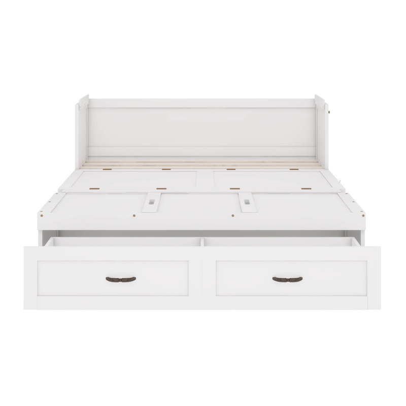 Lit escamotable avec ports USB, tiroirs et poignées en métal, Grand lit, Blanc
