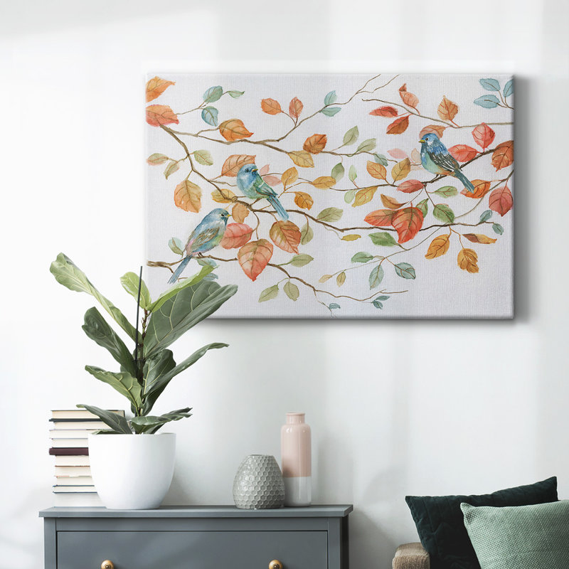 Trio d'oiseaux, toile tendue avec châssis, H 24 po x l 36 po