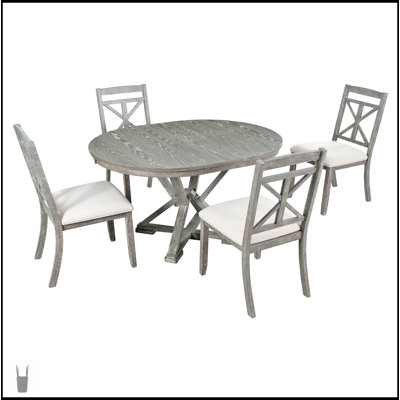 5-Piece Retro Functional Dining Table Set With Extendable Round Table And 4 Upholstered Chairs For Elegant Dining