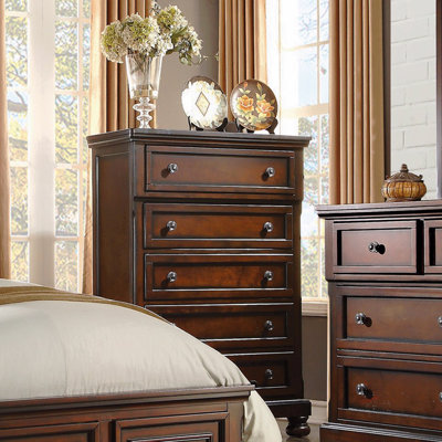 Transitional Bedroom 1pc Chest Of Five Drawers Bun Feet Brown Cherry Finish Birch Veneer Home Furniture