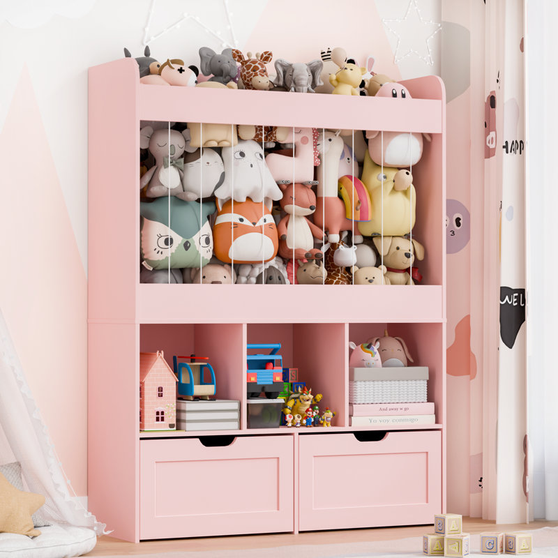 Boîte de rangement pour jouets H 51,7 po, rangement pour animaux en peluche de grande capacité avec 2 tiroirs de rangement mobiles, 3 cubes de rangement, bibliothèque pour chambre d'enfant, salle de jeux (rose)
