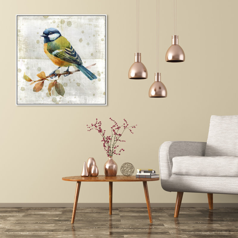 Oiseau bleu - peinture sur toile, Cadre blanc, H 30 po x l 30 po